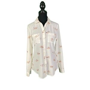RW&CO. White Fox Print Button Up Blouse Long Sleeve Shirt Top XS Pocket